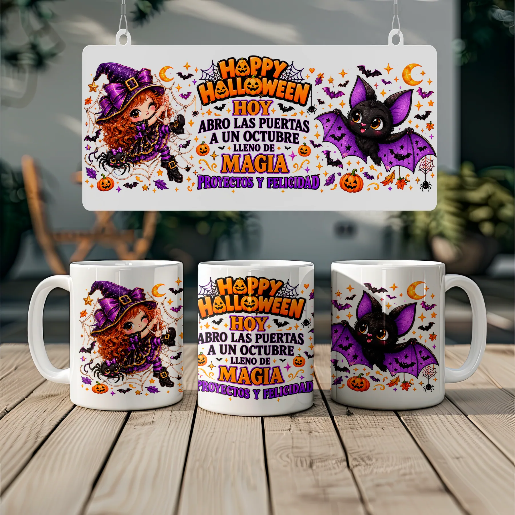 Pocillo de Halloween con brujita violeta y murciélago que da la bienvenida a octubre