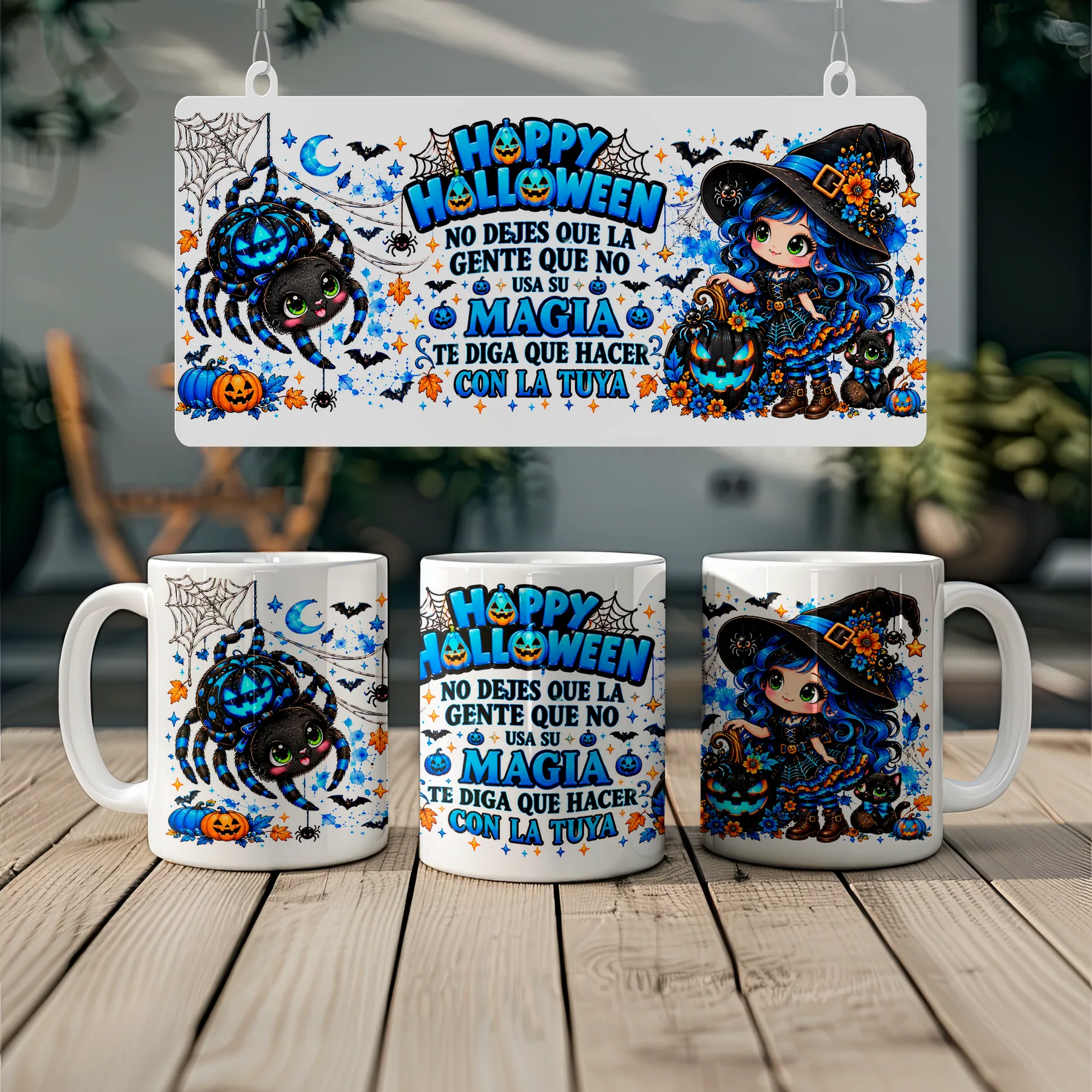 Pocillo azul de Halloween con brujita y mensaje No dejes que otros decidan sobre tu magia