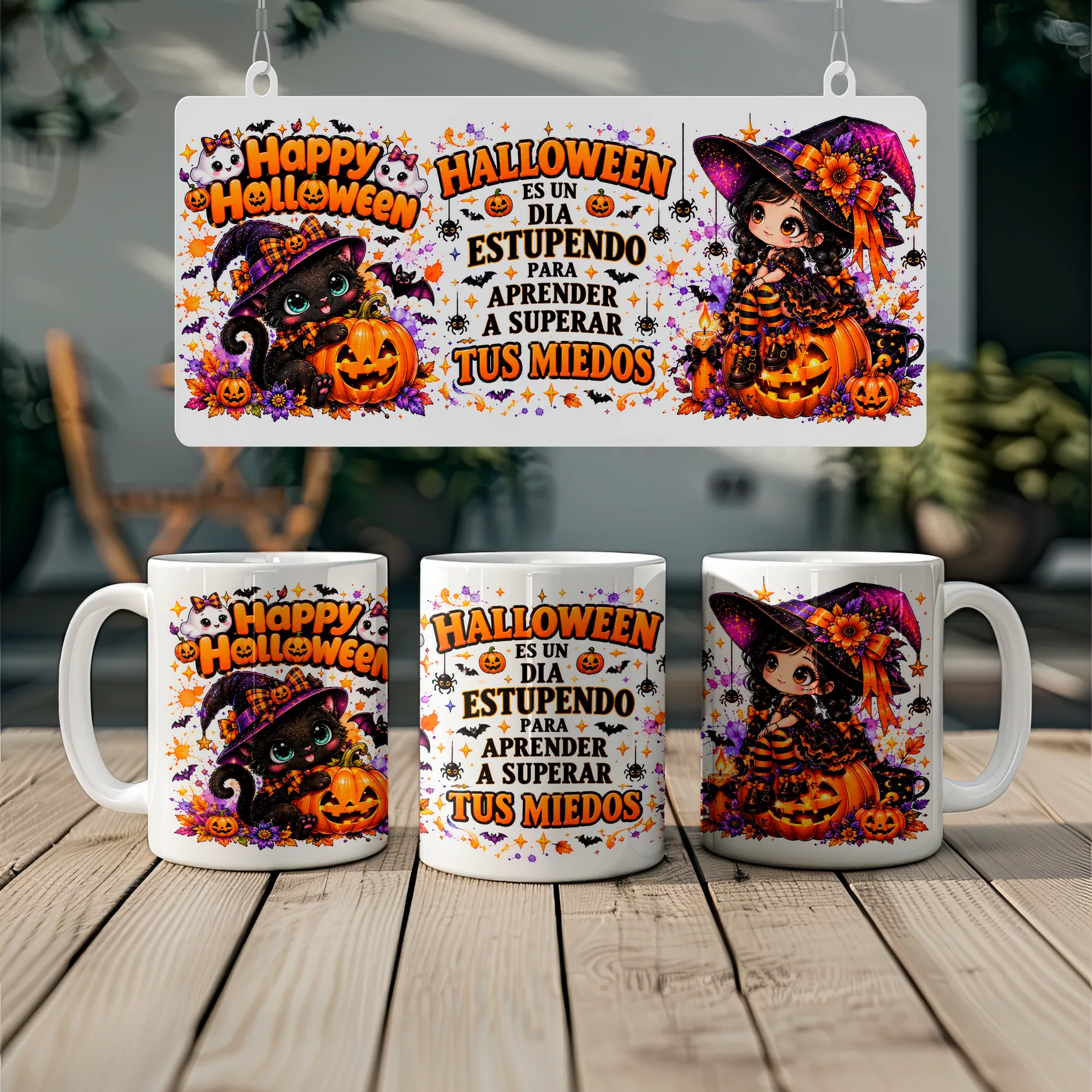Pocillo de Halloween con gatito, brujita, calabazas y frase para superar los miedos